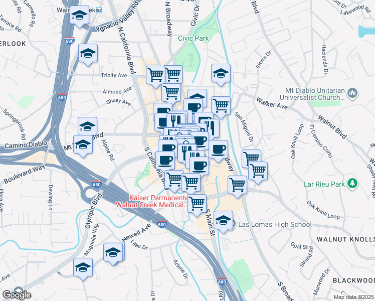map of restaurants, bars, coffee shops, grocery stores, and more near 1120 Broadway Plaza in Walnut Creek