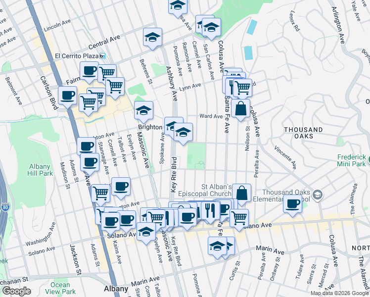 map of restaurants, bars, coffee shops, grocery stores, and more near 603 Key Route Boulevard in Albany