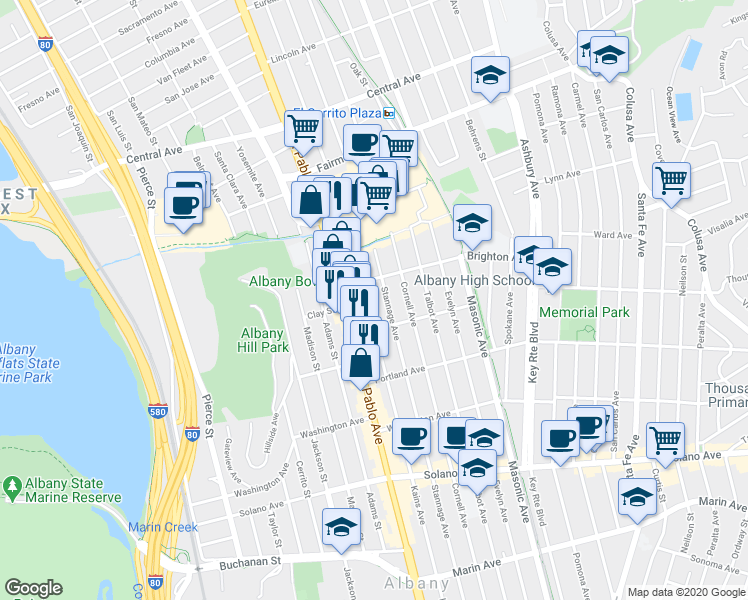 map of restaurants, bars, coffee shops, grocery stores, and more near 525 Kains Avenue in Albany
