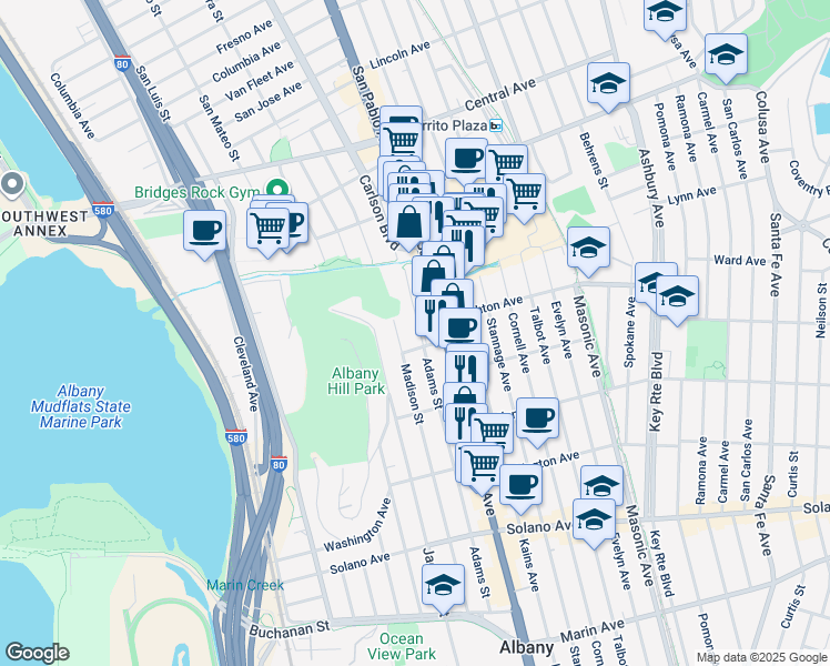 map of restaurants, bars, coffee shops, grocery stores, and more near 537 Madison Street in Albany