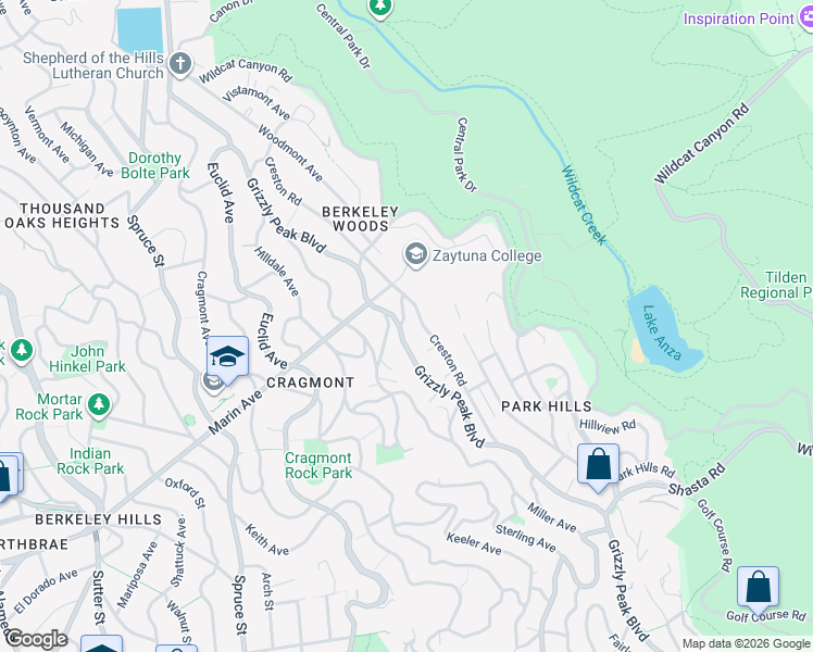 map of restaurants, bars, coffee shops, grocery stores, and more near 935 Grizzly Peak Boulevard in Berkeley