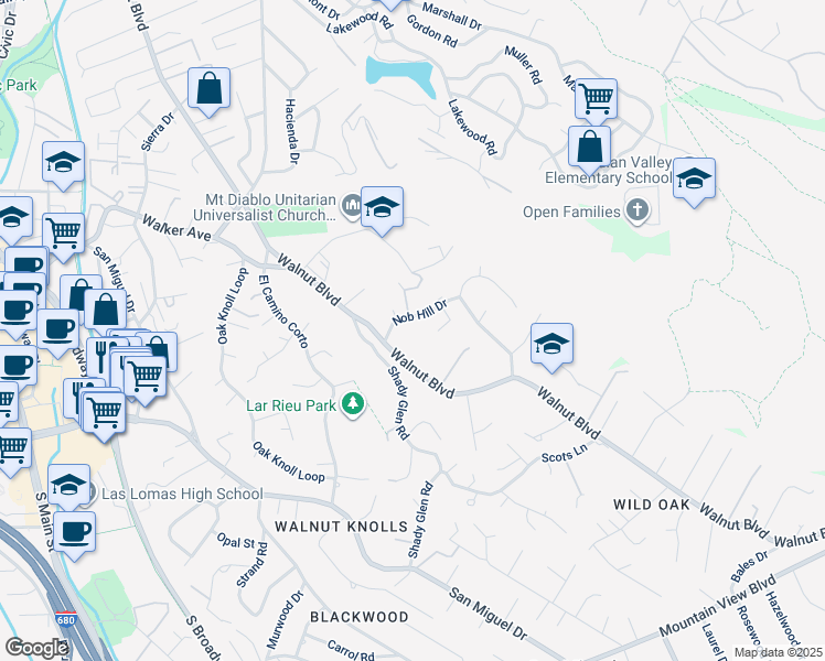 map of restaurants, bars, coffee shops, grocery stores, and more near 235 Nob Hill Drive in Walnut Creek
