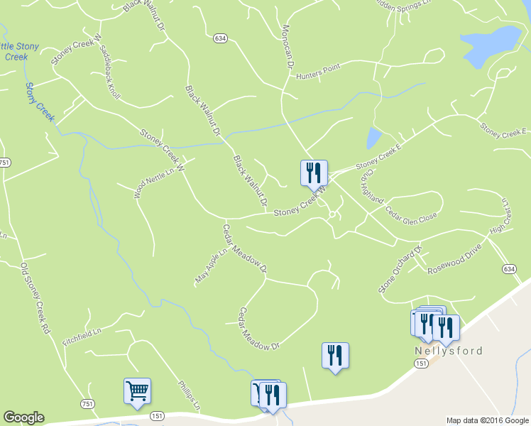map of restaurants, bars, coffee shops, grocery stores, and more near Stoney Creek West in Nellysford