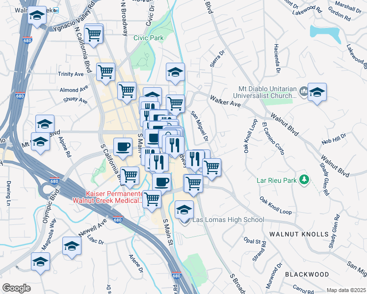 map of restaurants, bars, coffee shops, grocery stores, and more near 72 Broadway Lane in Walnut Creek