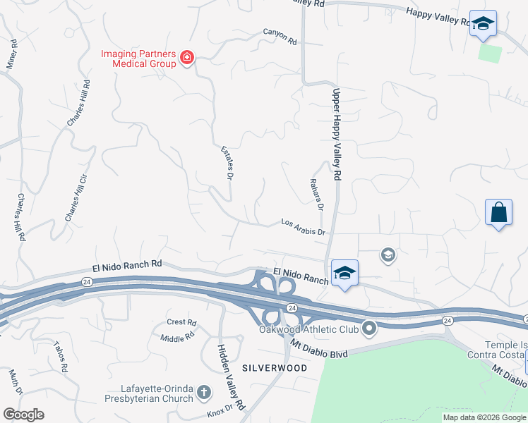 map of restaurants, bars, coffee shops, grocery stores, and more near 4040 Los Arabis Drive in Lafayette