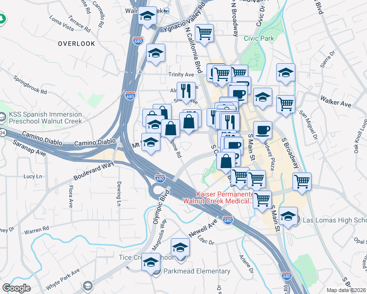 map of restaurants, bars, coffee shops, grocery stores, and more near 1200 Alpine Road in Walnut Creek