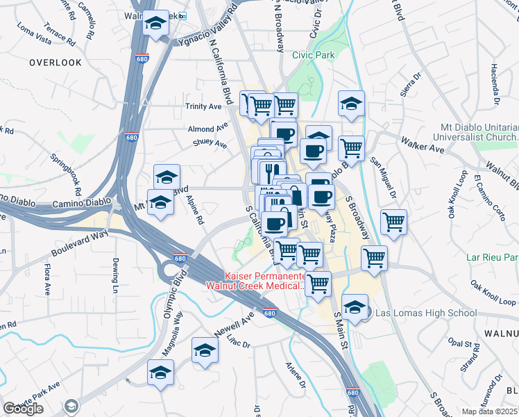 map of restaurants, bars, coffee shops, grocery stores, and more near 1666 Olympic Boulevard in Walnut Creek