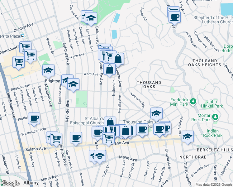 map of restaurants, bars, coffee shops, grocery stores, and more near 633 Neilson Street in Berkeley