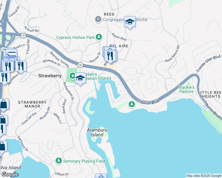 map of restaurants, bars, coffee shops, grocery stores, and more near 63 Barbaree Way in Strawberry