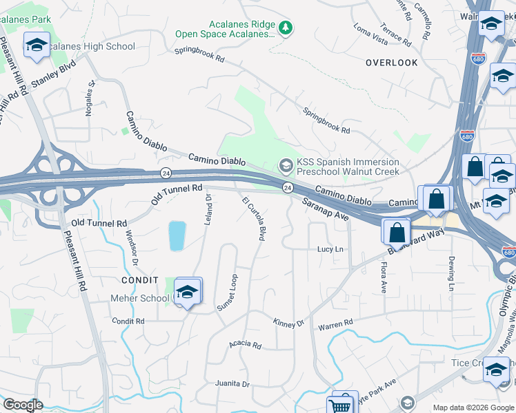 map of restaurants, bars, coffee shops, grocery stores, and more near 1356 El Curtola Boulevard in Lafayette