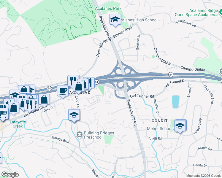 map of restaurants, bars, coffee shops, grocery stores, and more near 3249 Mount Diablo Court in Lafayette