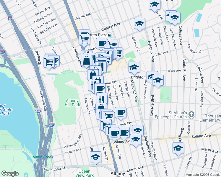 map of restaurants, bars, coffee shops, grocery stores, and more near 517 Stannage Avenue in Albany