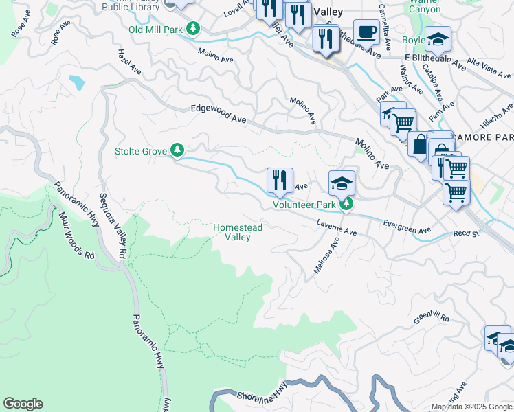 map of restaurants, bars, coffee shops, grocery stores, and more near 363 Laverne Avenue in Mill Valley