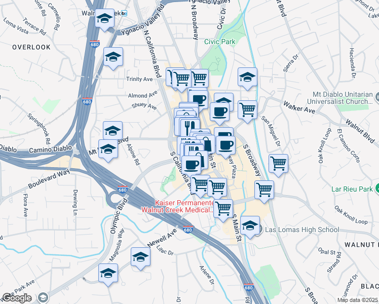 map of restaurants, bars, coffee shops, grocery stores, and more near 1201 Locust Street in Walnut Creek