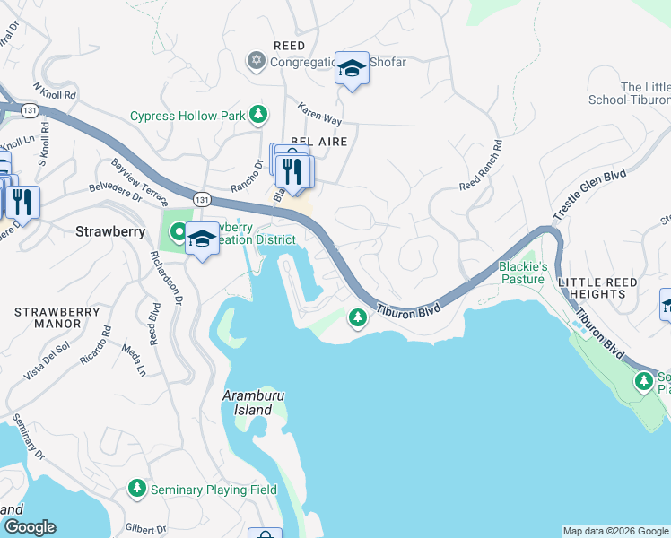 map of restaurants, bars, coffee shops, grocery stores, and more near 22 Sea Drift Landing in Belvedere Tiburon