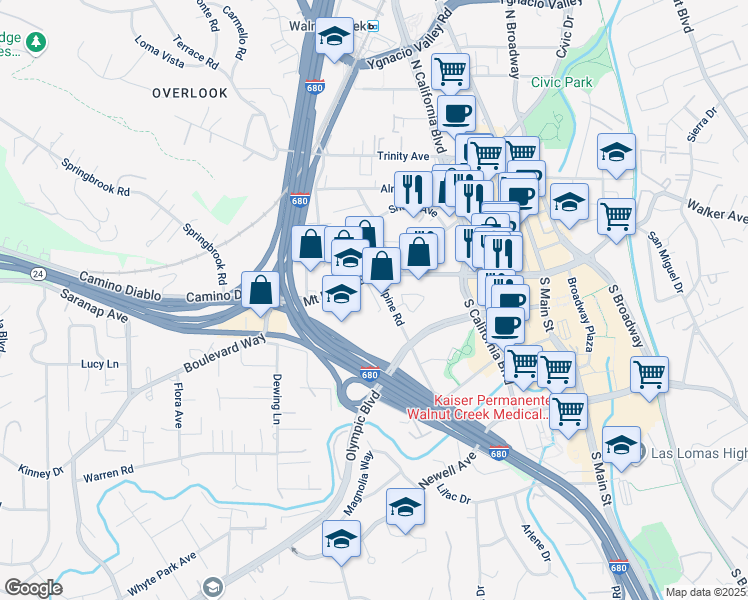map of restaurants, bars, coffee shops, grocery stores, and more near 1161 Alpine Road in Walnut Creek