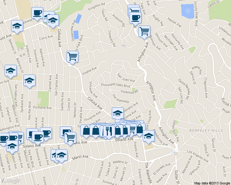 map of restaurants, bars, coffee shops, grocery stores, and more near 653 Santa Rosa Avenue in Berkeley