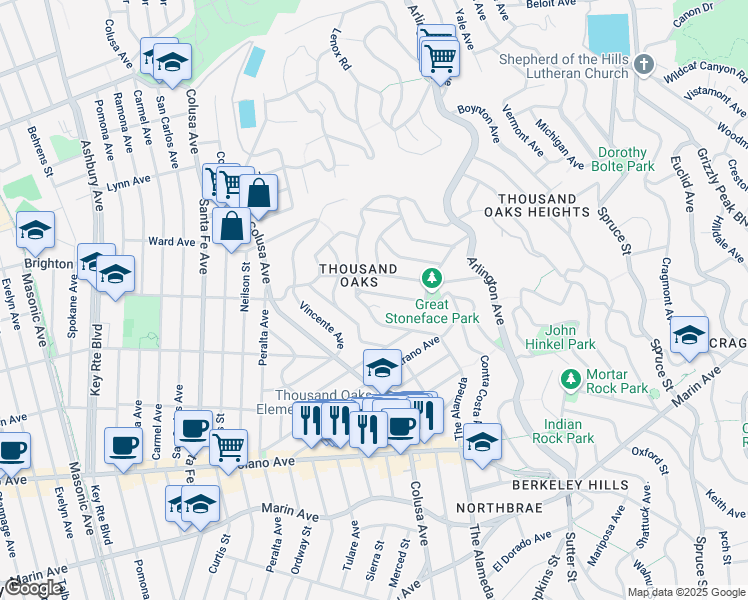 map of restaurants, bars, coffee shops, grocery stores, and more near 653 Santa Rosa Avenue in Berkeley