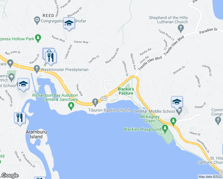 map of restaurants, bars, coffee shops, grocery stores, and more near 6 Greenwood Court in Tiburon