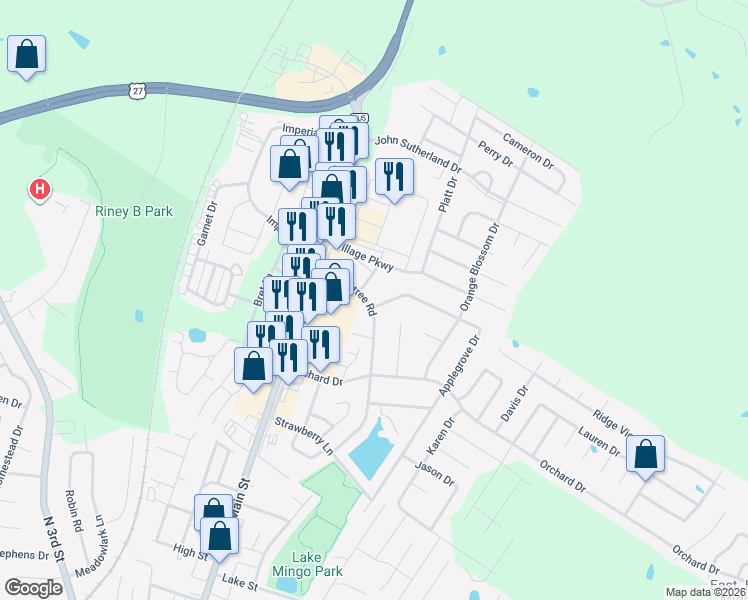 map of restaurants, bars, coffee shops, grocery stores, and more near 119 Orchard Court in Nicholasville