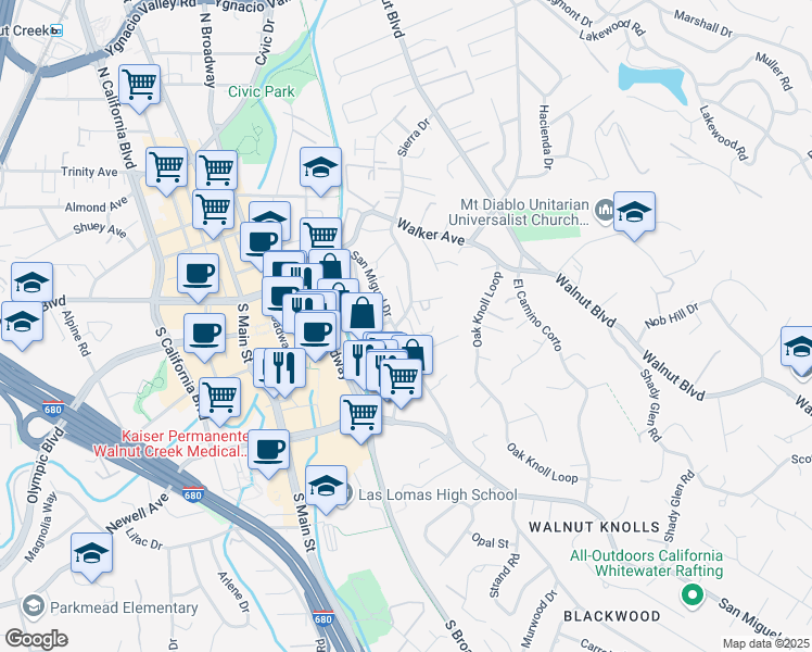 map of restaurants, bars, coffee shops, grocery stores, and more near 1812 San Miguel Drive in Walnut Creek