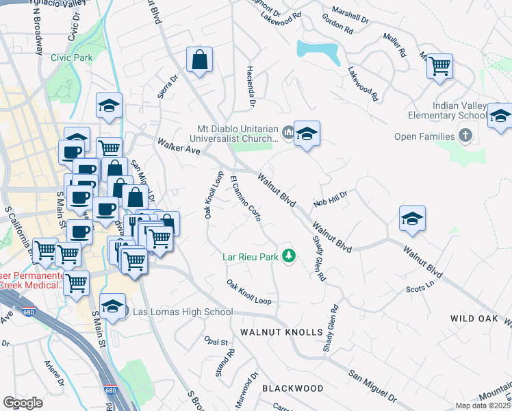 map of restaurants, bars, coffee shops, grocery stores, and more near 82 El Camino Corto in Walnut Creek