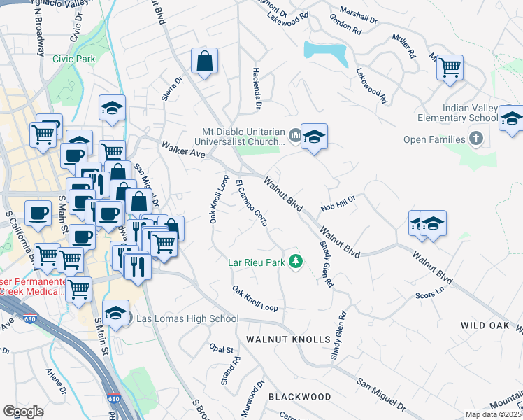 map of restaurants, bars, coffee shops, grocery stores, and more near 82 El Camino Corto in Walnut Creek