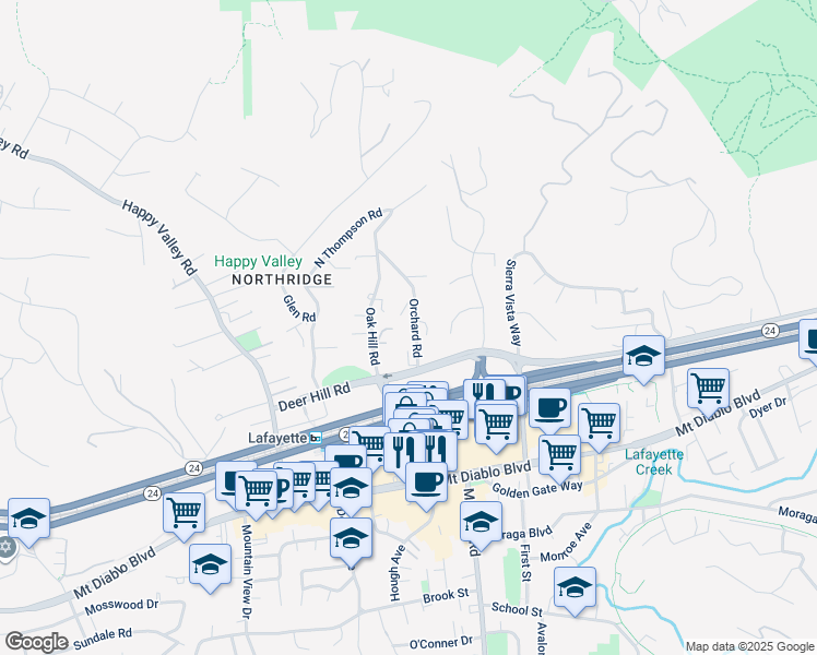 map of restaurants, bars, coffee shops, grocery stores, and more near 1065 Orchard Road in Lafayette
