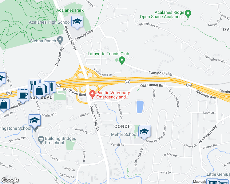 map of restaurants, bars, coffee shops, grocery stores, and more near 3161 Linda Vista Lane in Lafayette
