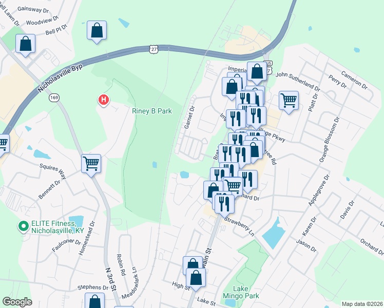 map of restaurants, bars, coffee shops, grocery stores, and more near 120 Blaze Drive in Nicholasville