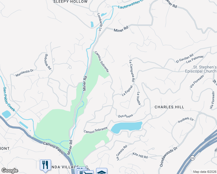 map of restaurants, bars, coffee shops, grocery stores, and more near 407 Camino Sobrante in Orinda