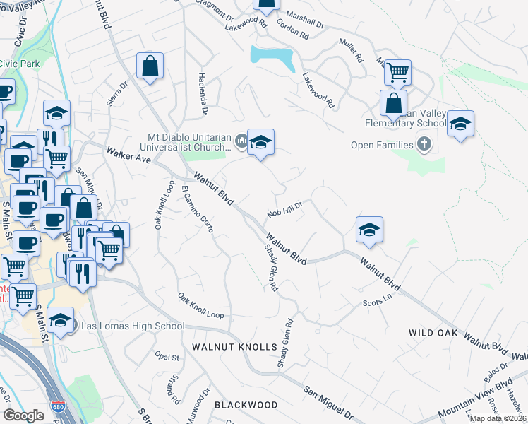 map of restaurants, bars, coffee shops, grocery stores, and more near Nob Hill Drive in Walnut Creek