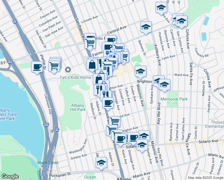 map of restaurants, bars, coffee shops, grocery stores, and more near 1126 Brighton Avenue in Albany