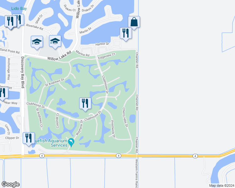 map of restaurants, bars, coffee shops, grocery stores, and more near 5722 Greenfield Way in Discovery Bay