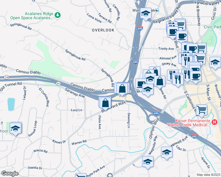 map of restaurants, bars, coffee shops, grocery stores, and more near 1267 Springbrook Road in Walnut Creek