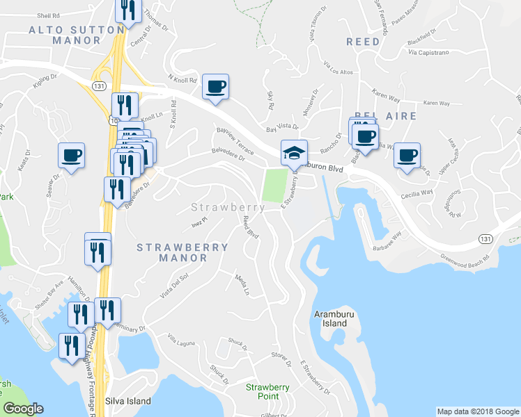 map of restaurants, bars, coffee shops, grocery stores, and more near Richardson Dr & Ricardo Rd in Mill Valley