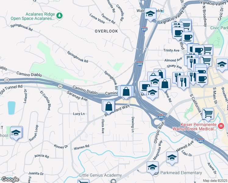 map of restaurants, bars, coffee shops, grocery stores, and more near 2500 Camino Diablo in Walnut Creek