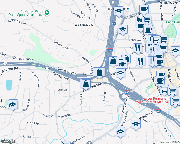 map of restaurants, bars, coffee shops, grocery stores, and more near 2500 Camino Diablo in Walnut Creek