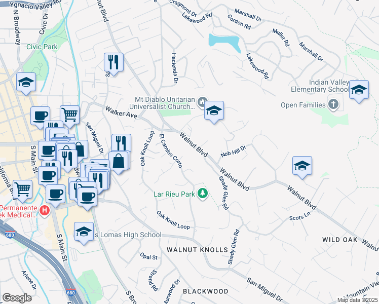 map of restaurants, bars, coffee shops, grocery stores, and more near 3081 Walnut Boulevard in Walnut Creek