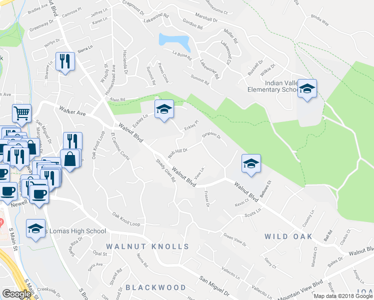 map of restaurants, bars, coffee shops, grocery stores, and more near 399 Nob Hill Drive in Walnut Creek