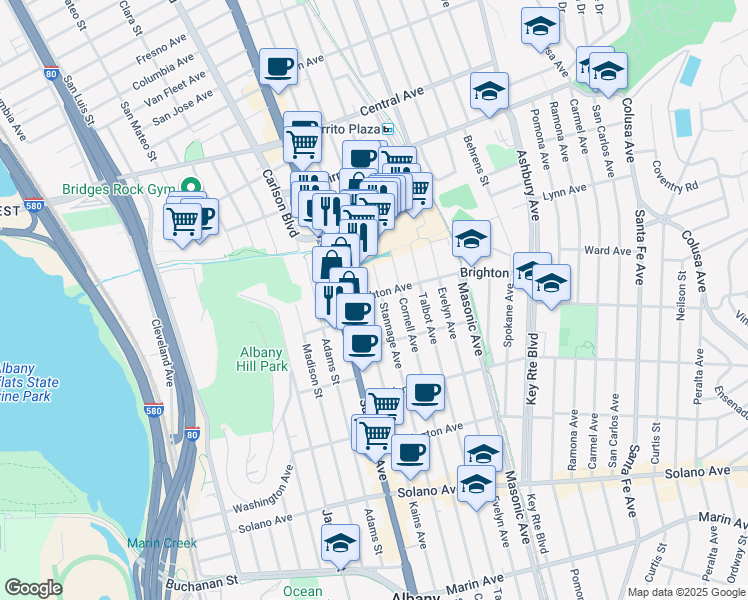 map of restaurants, bars, coffee shops, grocery stores, and more near 1126 Brighton Avenue in Albany