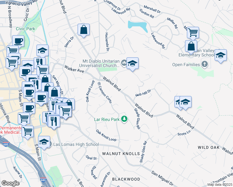 map of restaurants, bars, coffee shops, grocery stores, and more near 3081 Walnut Boulevard in Walnut Creek