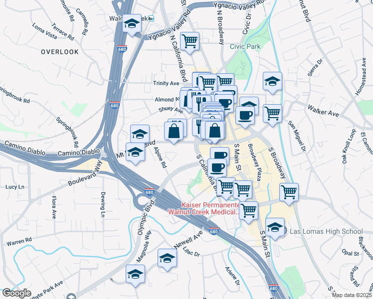 map of restaurants, bars, coffee shops, grocery stores, and more near 1331 North California Boulevard in Walnut Creek