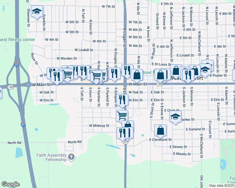 map of restaurants, bars, coffee shops, grocery stores, and more near 310 West Oak Street in West Frankfort