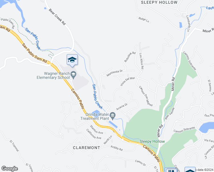 map of restaurants, bars, coffee shops, grocery stores, and more near 15 Manzanita Terrace in Orinda