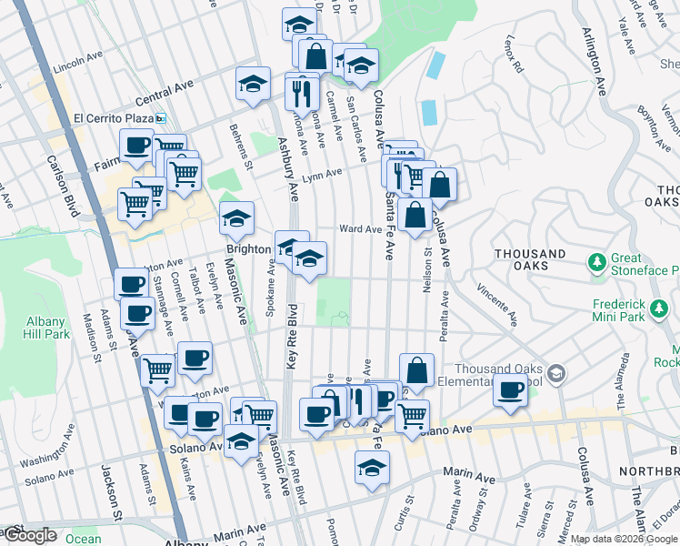 map of restaurants, bars, coffee shops, grocery stores, and more near 1339 Thousand Oaks Boulevard in Albany