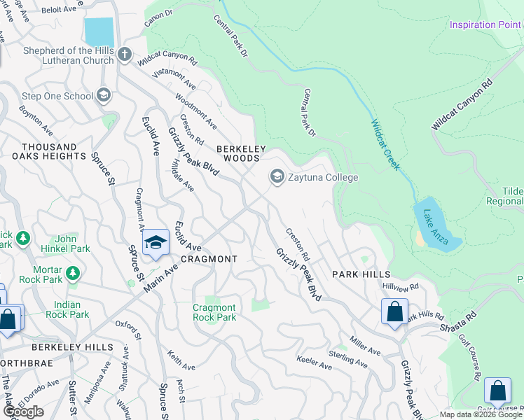 map of restaurants, bars, coffee shops, grocery stores, and more near 921 Grizzly Peak Boulevard in Berkeley