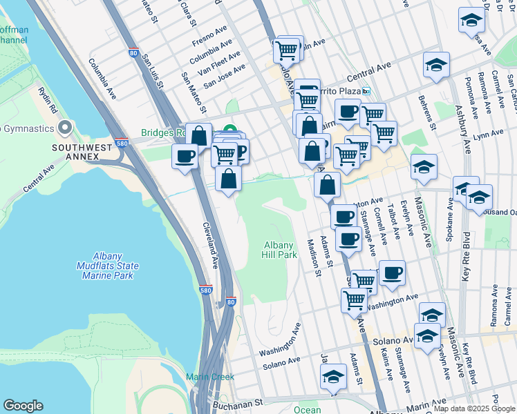 map of restaurants, bars, coffee shops, grocery stores, and more near 535 Pierce Street in Albany