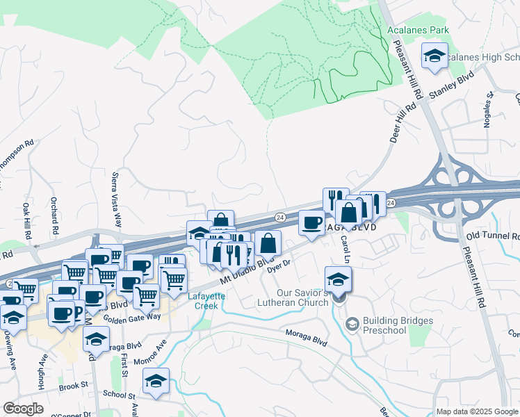 map of restaurants, bars, coffee shops, grocery stores, and more near 3390 Deer Hill Road in Lafayette