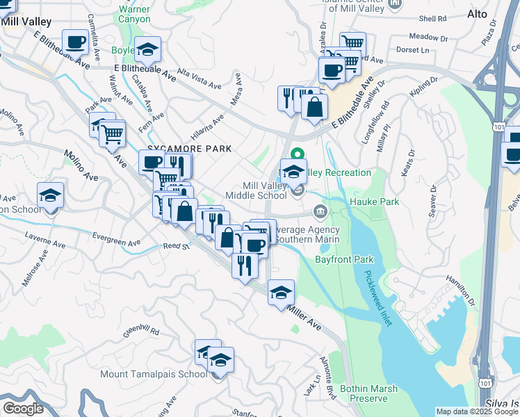 map of restaurants, bars, coffee shops, grocery stores, and more near 141 Camino Alto to Ryan St. Shortcut in Mill Valley